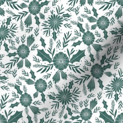 christmas woodcut botanical fabric - block print holiday design -  white and spruce