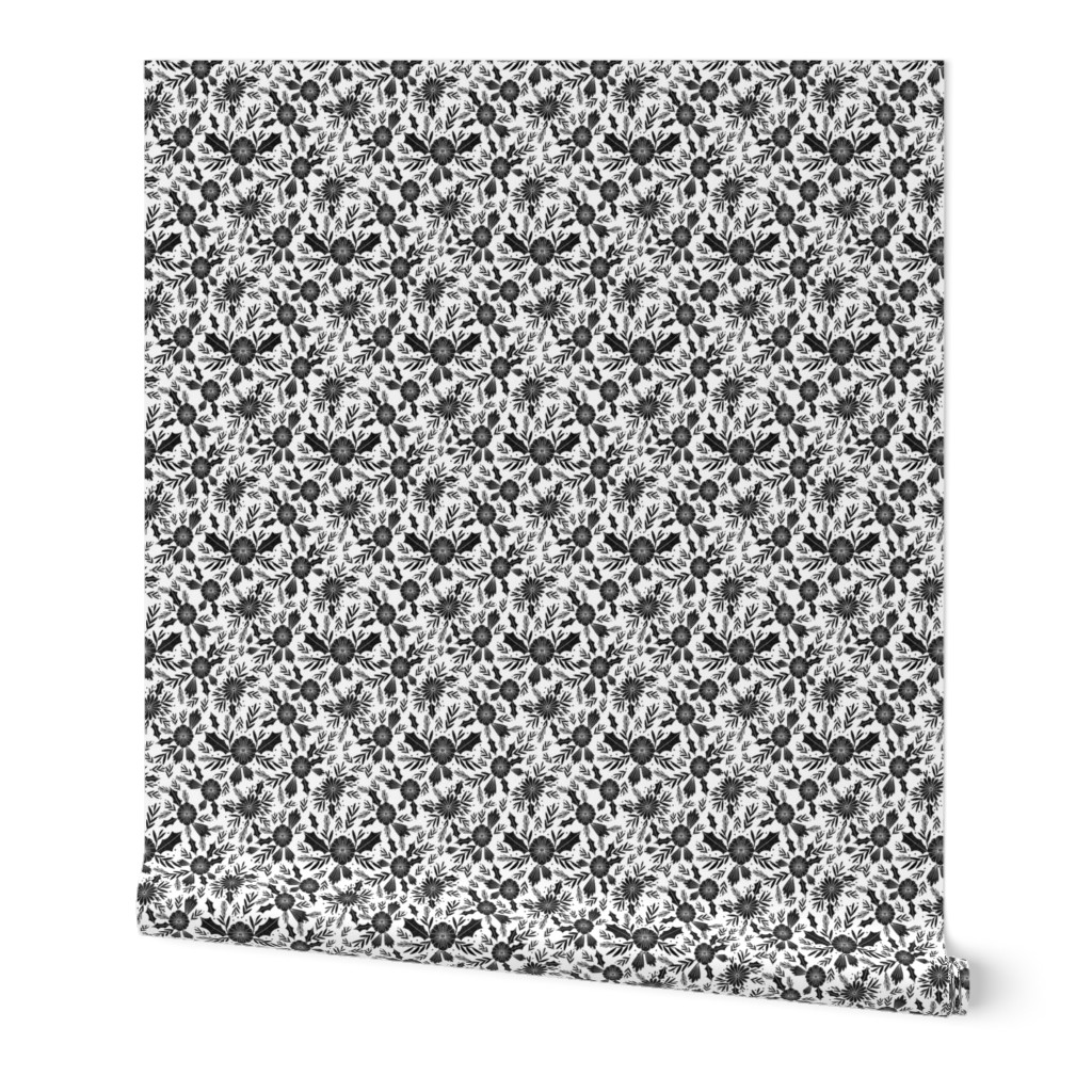 christmas woodcut botanical fabric - block print holiday design - white and black