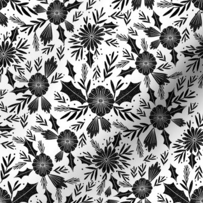 christmas woodcut botanical fabric - block print holiday design - white and black