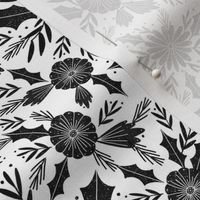 christmas woodcut botanical fabric - block print holiday design - white and black