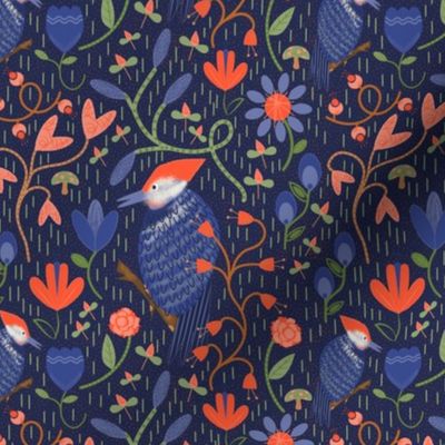 Woodpecker / Scandi / folk floral / dark blue 