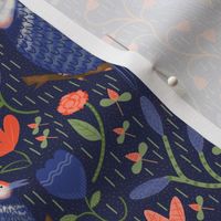 Woodpecker / Scandi / folk floral / dark blue 