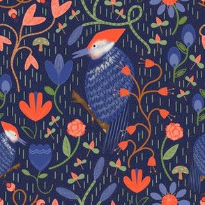 Woodpecker / Scandi / folk floral / dark blue 