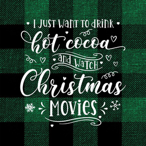 Cocoa and Christmas Movies 18 inch square green buffalo plaid