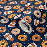 (extra small scale)  Coffee and Fall Donuts - PSL pumpkin fall donuts toss - navy polka dots - LAD19BS