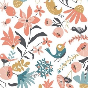 Gracie's Garden - Whimsical Bird Floral Blush Pink White Regular