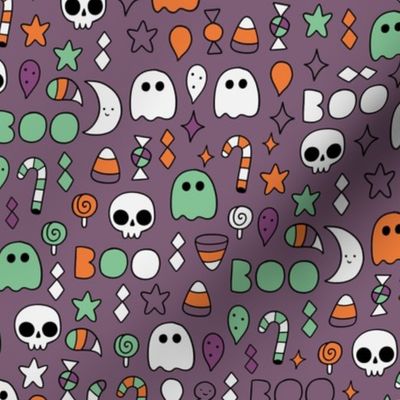 Halloween kawaii. Ghost, skull, doodles. October holiday cartoons.