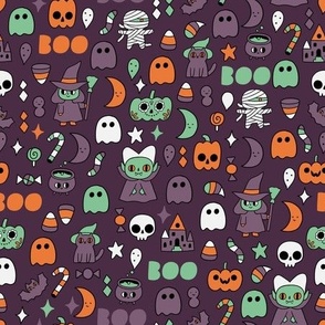 Halloween kawaii. Dracula, witch, cat, pumpkin, bat, old house. October holiday cartoons.