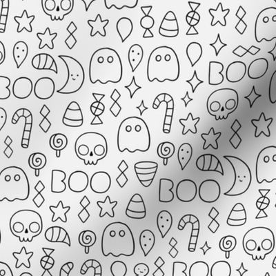 Halloween kawaii. Ghost, skull, doodles. October holiday cartoons.