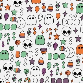 Halloween kawaii. Ghost, skull, doodles. October holiday cartoons.