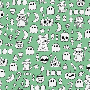 Halloween kawaii. Dracula, witch, cat, pumpkin, bat, old house, ghost, skull, sweets, doodles. October holiday cartoons.