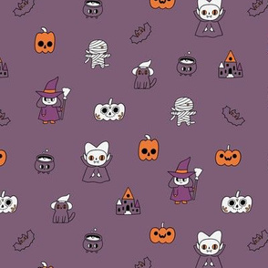 Halloween kawaii. Dracula, witch, cat, pumpkin, bat, old house. October holiday cartoons.