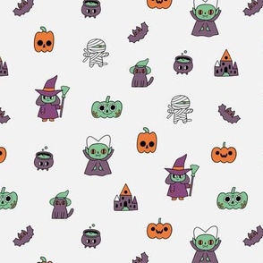 Halloween kawaii. Dracula, witch, cat, pumpkin, bat, old house. October holiday cartoons.