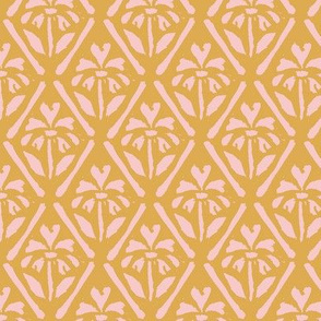 Block Print Diamond Floral in Blush Pink on Golden Yellow - Large