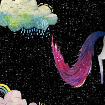 Unicorn Magic - Large Unicorns and Clouds on Textured Black