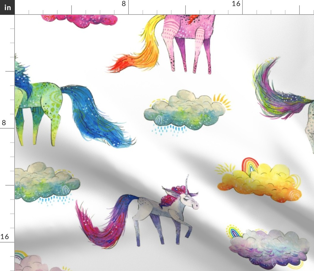 Unicorn Magic - Large Unicorns and Clouds on White