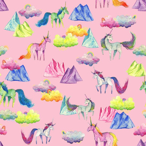 Unicorn Magic - Medium Unicorns Clouds and Mountains on Pink