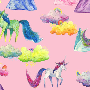 Unicorn Magic - Large Unicorns Clouds and Mountains on Pink