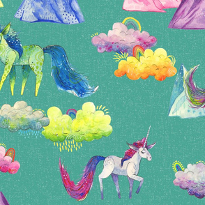 Unicorn Magic - Large Unicorns Clouds and Mountains on Textured Teal