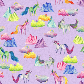 Unicorn Magic - Medium Unicorns Clouds and Mountains on Textured Purple