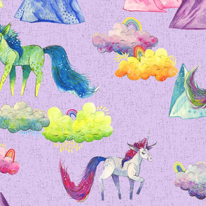 Unicorn Magic - Large Unicorns Clouds and Mountains on Textured Purple
