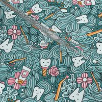 Dentist pattern. Teeth and doodles. Cute tooth.