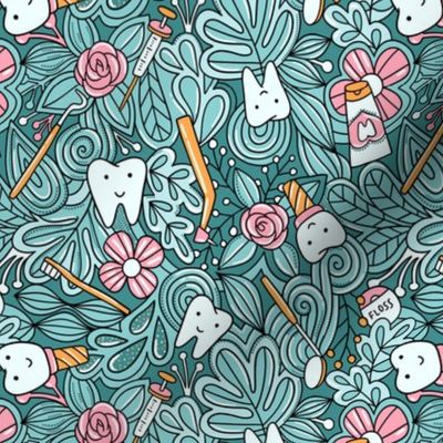 Dentist pattern. Teeth and doodles. Cute tooth.