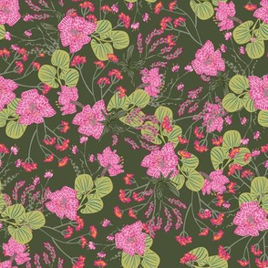 tropical pink floral on dark green by rysunki-malunki