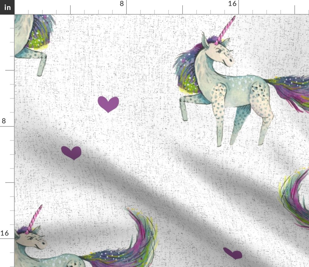 Unicorn Magic - Large Purple Green Blue Unicorn with Purple Hearts on Textured Background