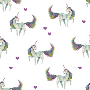 Unicorn Magic - Medium Purple-Green-Blue Unicorn with Purple Hearts