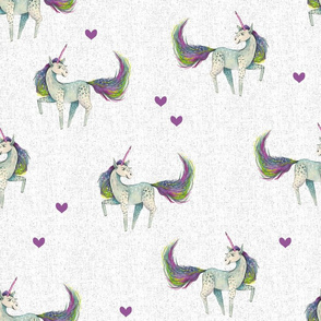 Unicorn Magic - Medium Purple Green Blue Unicorn with Purple Hearts on Textured Background