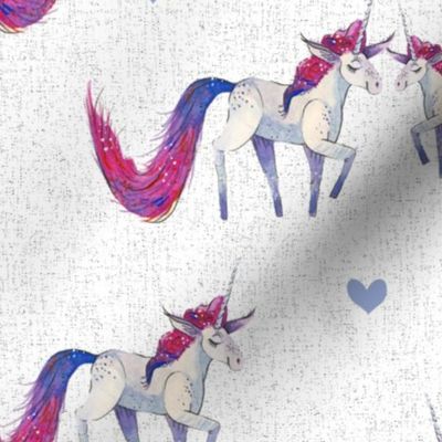 Unicorn Magic - Medium Pink-Purple-Blue-Tailed Unicorn on Textured White Background