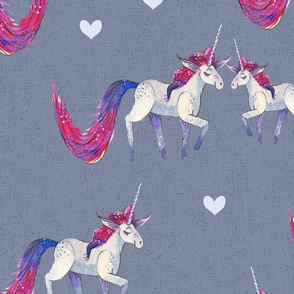 Unicorn Magic - Large Pink-Purple-Blue-Tailed Unicorn on Textured Blue Background