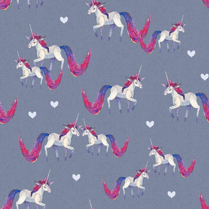Unicorn Magic - Medium Pink-Purple-Blue-Tailed Unicorn on Textured Blue Background