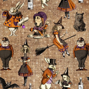 Vintage Halloween Alice in Wonderland on Burlap- medium scale