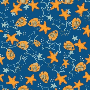 orange angelfish and starfish in blue ocean by rysunki_malunki