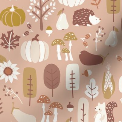 Thanksgiving Fall Holiday: Autumn Nature Pattern Earthy Colors Pumpkin Woodland Creatures - M