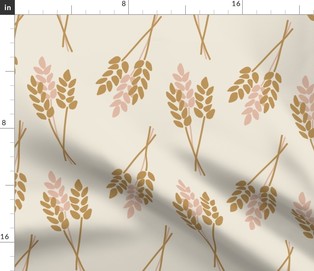 Wheat Plants: Fall Thanksgiving V3 Wheat Harvest Nature Crop Autumn Leaves Fall Pink and Gold on Cream - L