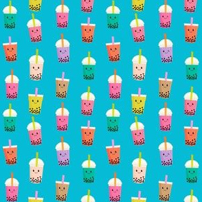 MINI Boba Tea fabric - boba fabric, kawaii fabric, cute fabric, food fabric, bubble tea fabric, bubble tea, kawaii food - blue