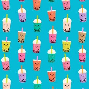 SMALL Boba Tea fabric - boba fabric, kawaii fabric, cute fabric, food fabric, bubble tea fabric, bubble tea, kawaii food - blue