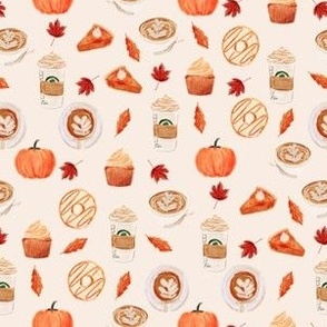 SMALL - watercolor psl - pumpkin spice latte, coffee, latte, pumpkin, fall, autumn fabric - cream