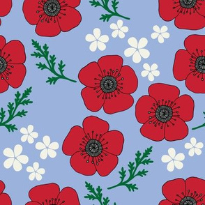 Poppies and white flowers on blue (large)