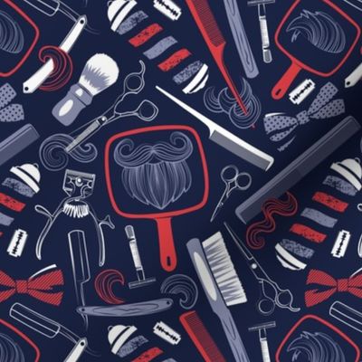 Small scale // Shear shave shine // midnight blue background red white and blue vintage barber shop tools