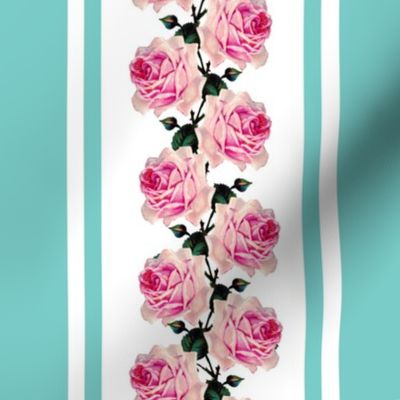 Climbing pink vintage roses turquoise stripe (large)