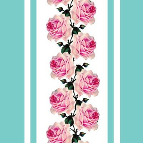 Climbing pink vintage roses turquoise stripe (large)