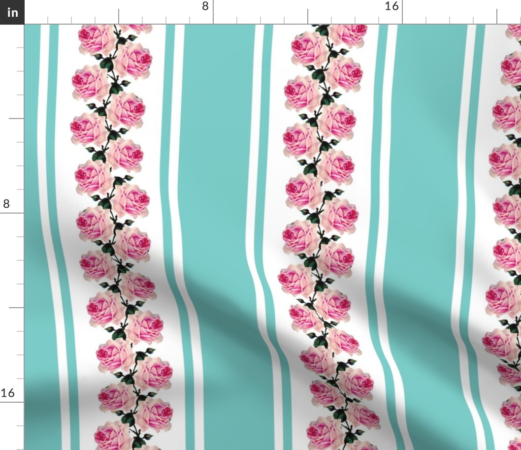 Climbing pink vintage roses turquoise stripe (large)