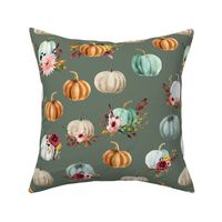 floral pumpkins on blue olive