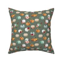 small floral pumpkins on blue olive