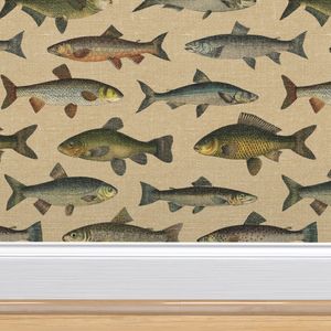 Vintage Fish on Camel Linen - large Wallpaper