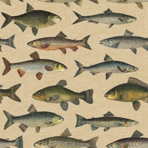 Vintage Fish on Camel Linen - large Fabric